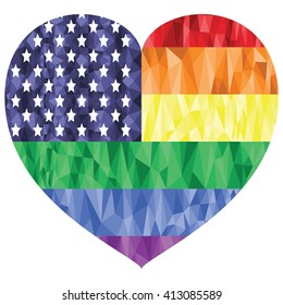 American Flag on the Rainbow Background with low poly art effect in the heart shape representing gay people love, rights, equality,   pride , gay marriage 

