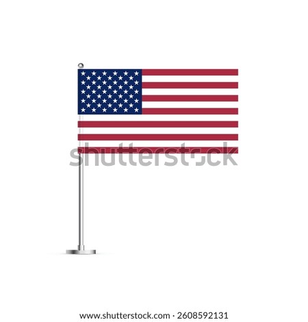 American flag on silver pole. USA national flag on metal stick. Patriotic symbol of United States of America. Realistic vector illustration.