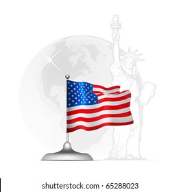American flag on the stand at the background of statue liberty