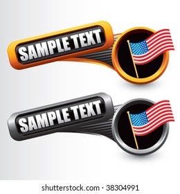 american flag on tilted orange and gray banners