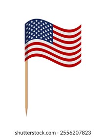 American flag on toothpick. Paper mini flag of United States of America on wooden stick. Isolated flagpole on wood vertical stand. 3D realistic vector illustration for food decoration.