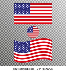 The American flag on a transparent background, with a regular, waving version of the flag and a round icon of the flag.