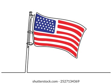 Bandera americana en un dibujo de línea continua. Diseño simple y minimalista para conceptos patrióticos y de orgullo nacional. Ilustración de arte de una sola línea.