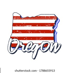 American flag in oregon state map. Vector grunge style with Typography hand drawn lettering oregon on map shaped old grunge vintage American national flag isolated on white background