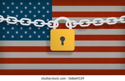 American Flag with Padlock and chain - Closed Borders. Modern Flat 2.0 Design