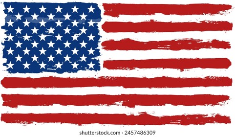 Textura de pintura de bandera americana. Grunge USA Flag. Ilustración vectorial para la celebración del 4 de julio en Festiva, Día del presidente estadounidense. Estrellas y rayas