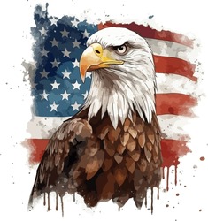 American Flag Painted Bald Eagle Watercolor Illustration.