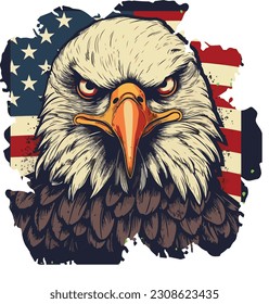 American flag painted bald eagle watercolor illustration.