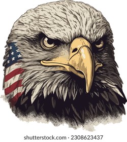 American flag painted bald eagle watercolor illustration.