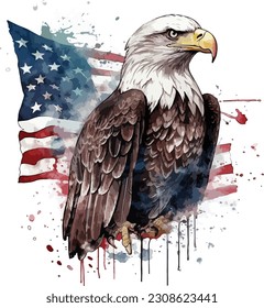 American flag painted bald eagle watercolor illustration.