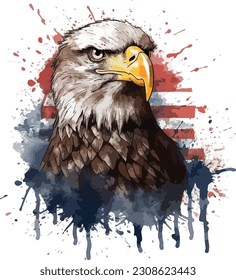 American flag painted bald eagle watercolor illustration.