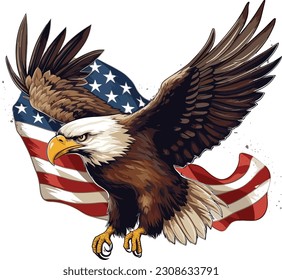 Ilustración de águila calva pintada con bandera estadounidense.