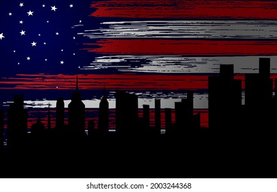 American flag painted with brush stroke on night sky and city background,Symbols of USA , template for banner,card,advertising ,promote, TV commercial, ads, web design, magazine,vector illustration 