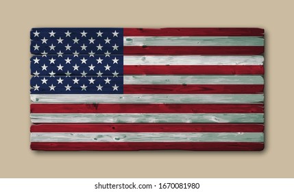 American Flag Painted On Wood Background Banner. 