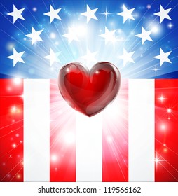 American flag patriotic background with heart, concept for love of country. Great for 4th of July or military themes.