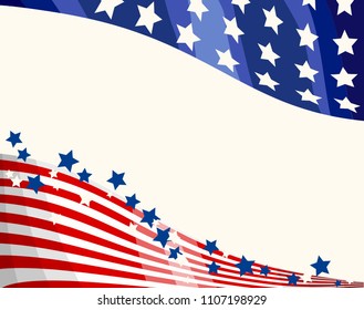 American flag patriotic background. United States blank frame with space for text. Independence day design template. Stars and stripes backdrop.

