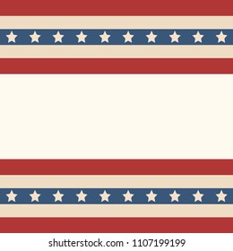 American flag patriotic background. United States blank frame with space for text. Independence day design template. Stars and stripes backdrop.
