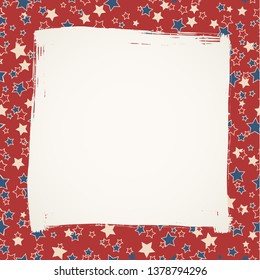 American flag patriotic background. United States blank square frame with space for text. Independence day design template. Stars backdrop.
