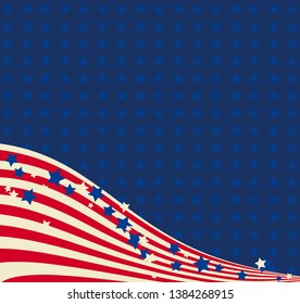 American flag patriotic background. United States blank frame with space for text. Independence day design template. Stars and stripes backdrop.
