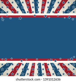 American flag patriotic background. United States blank frame with space for text. Independence day design template. Stars and stripes backdrop.

