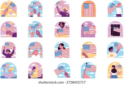 Bandera Estadounidense Y Ilustración vectorial De Ilustraciones Patrióticas. Plantilla de diseño de símbolos de ilustración para elemento de interfaz de usuario móvil de Web.