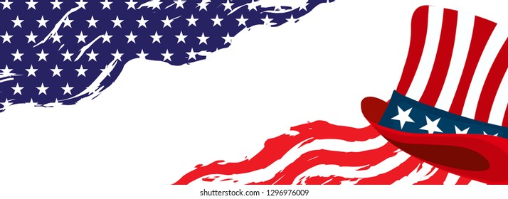 American flag pattern header or banner design with uncle sam hat and space for your message.