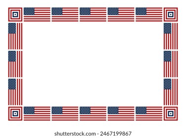 American flag pattern, rectangle frame. Decorative rectangular border, made of repeated, vertical and horizontal arranged national flags of the United States. Isolated illustration over white. Vector