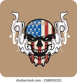 American flag patterned skull vector illustration design blowing smoke in the mouth