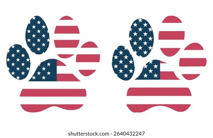 American Flag Paw Print Vector Set, American Paws. For USA Independence Day designs, cards, invitations, fabrics, prints, stickers. Vector Illustration