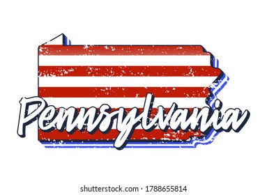 American flag in pennsylvania state map. Vector grunge style with Typography hand drawn lettering pennsylvania on map shaped old grunge vintage American national flag isolated on white background