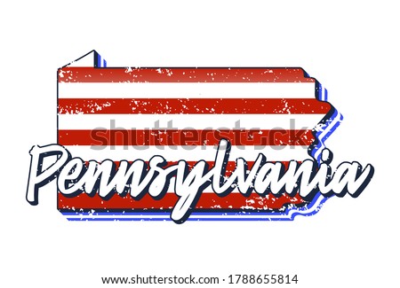 American flag in pennsylvania state map. Vector grunge style with Typography hand drawn lettering pennsylvania on map shaped old grunge vintage American national flag isolated on white background