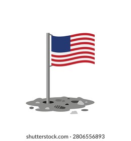 American flag planted on the moon surface after lunar landing. Flat vector illustration of the American flag on the lunar surface with footprints and grey moon rocks. White background. Ideal for educational science materials or space mission articles.