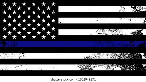 American flag with police support symbol, Thin blue line. Poster, card, banner, background