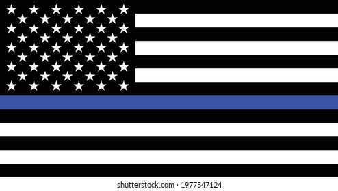 American flag with police support symbol Thin blue line. American police in society as the force which holds back chaos, allowing order and civilization to thrive. Banner poster, card, background.