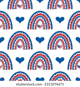 American flag rainbow seamless vector pattern. USA Independence Day, 4th of July. Liberty symbol with stars, hearts. Patriotic holiday sign. Flat cartoon background for posters, print, cards, web