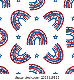 American flag rainbow seamless vector pattern. USA Independence Day, 4th of July. Liberty symbol with bright beautiful stars. Patriotic holiday sign. Flat cartoon background for wallpaper, print, web