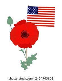 American flag with red poppy flower. Memorial Day. Vector illustration in flat style for design national traditional holidays