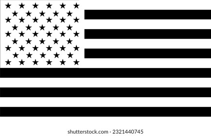 Vector de bandera estadounidense aislado en fondo transparente. 13 rayas y 50 estrellas en blanco y negro.