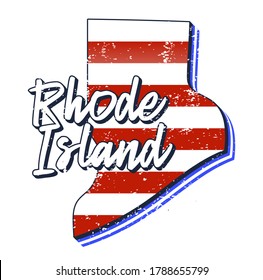 American flag in rhode island state map. Vector grunge style with Typography hand drawn lettering rhode island on map shaped old grunge vintage American national flag isolated on white background