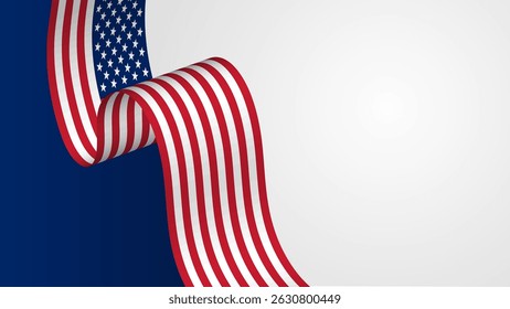 American Flag Ribbon on Blue and White Gradient Background with Stars.Patriotic illustration of a waving red, white, and blue ribbon resembling the United States flag.