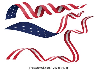 American flag ribbon set for various celebrations, events, and greeting cards such as Independence Day, Veterans Day, etc.