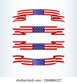 American flag ribbon stars stripes Patriotic American theme USA flag of a wavy ribbon shape icon Design element for Independence Day President's Day Memorial Day Patriotic set tape Vector wavy ribbon