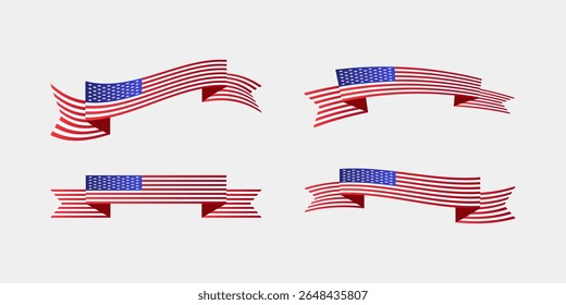 American flag ribbon with stars and stripes in a wavy shape. Patriotic USA theme for Independence