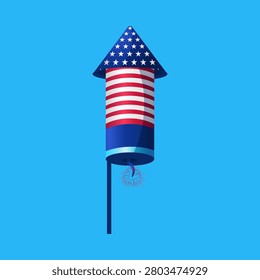 American flag rocket soars with fireworks on blue background