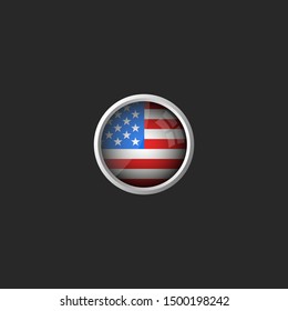 American flag round 3d icon, glass material metal frame, USA national colors design element mockup