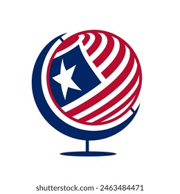 American Flag en un globo terráqueo giratorio redondo. Se puede utilizar en logotipos para mostrar el patriotismo. VECTOR de la bandera de Estados Unidos en el mapa mundial. Se utiliza para el logotipo de la empresa y el fondo de los proyectos de arte. 