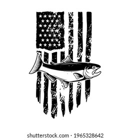American flag with salmon fish illustration. Design element for poster, card, banner, t shirt. Vector illustration