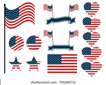 American flag set. Collection of symbols with the flag of the United States of America. Vector illustration