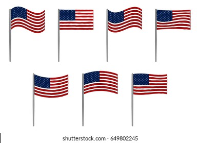 American flag set isolated on white. 4th July Independence day vector background