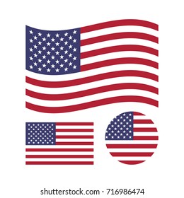 American flag set. Rectangular, waving and circle US flag. United States national symbol. Vector icons isolated on white background